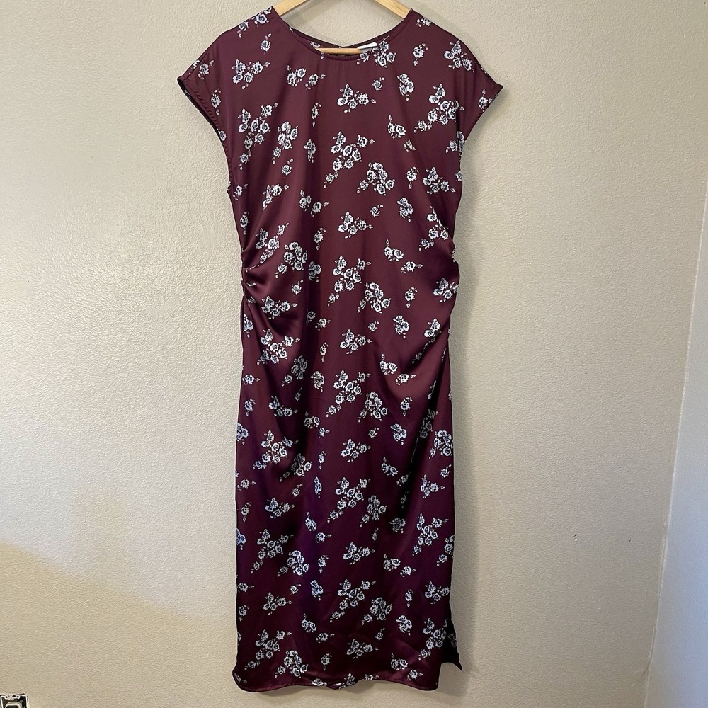 A New Day Midi Floral Satin Dress Ruched Slit Burgundy Dark Romantic Fall Size L